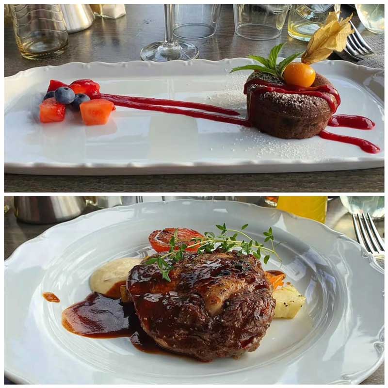 Dessert och varmrätt på Kanal Restaurangen